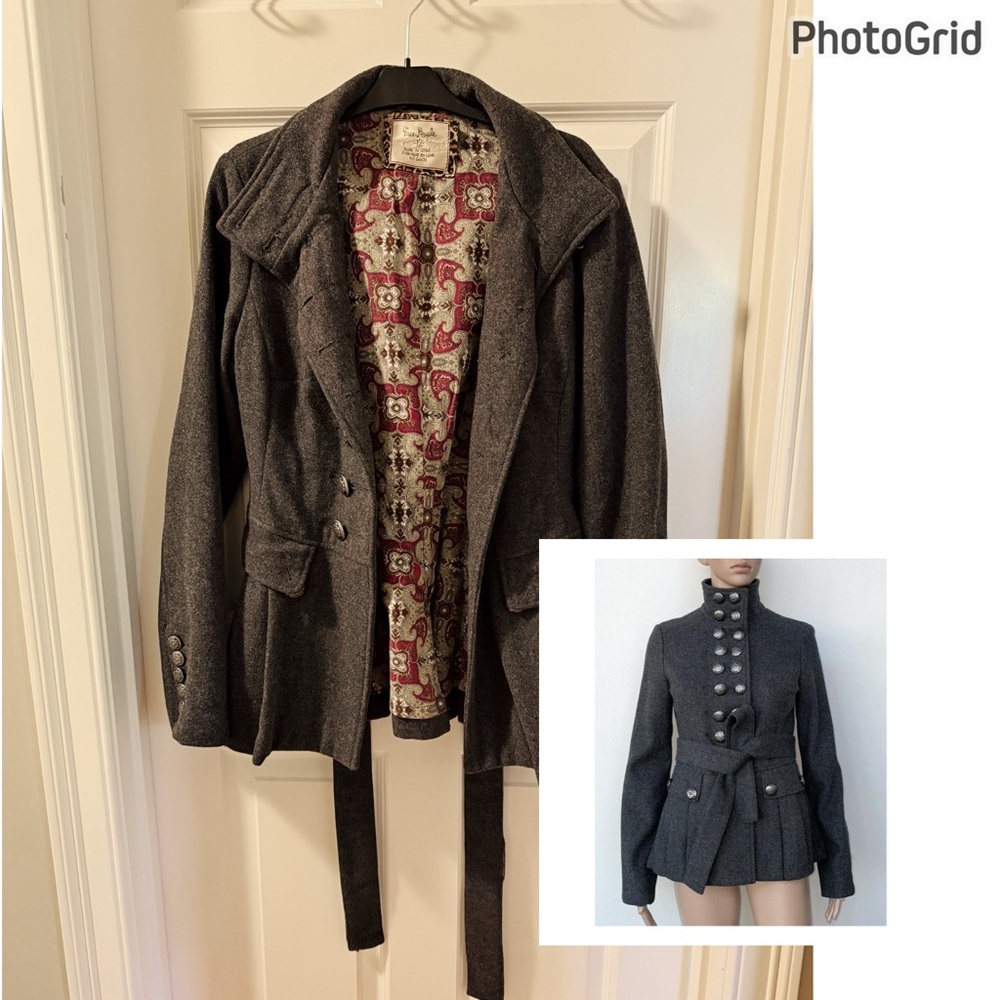 Free People Grey Wool Military Style Peacoat Jacket, 12